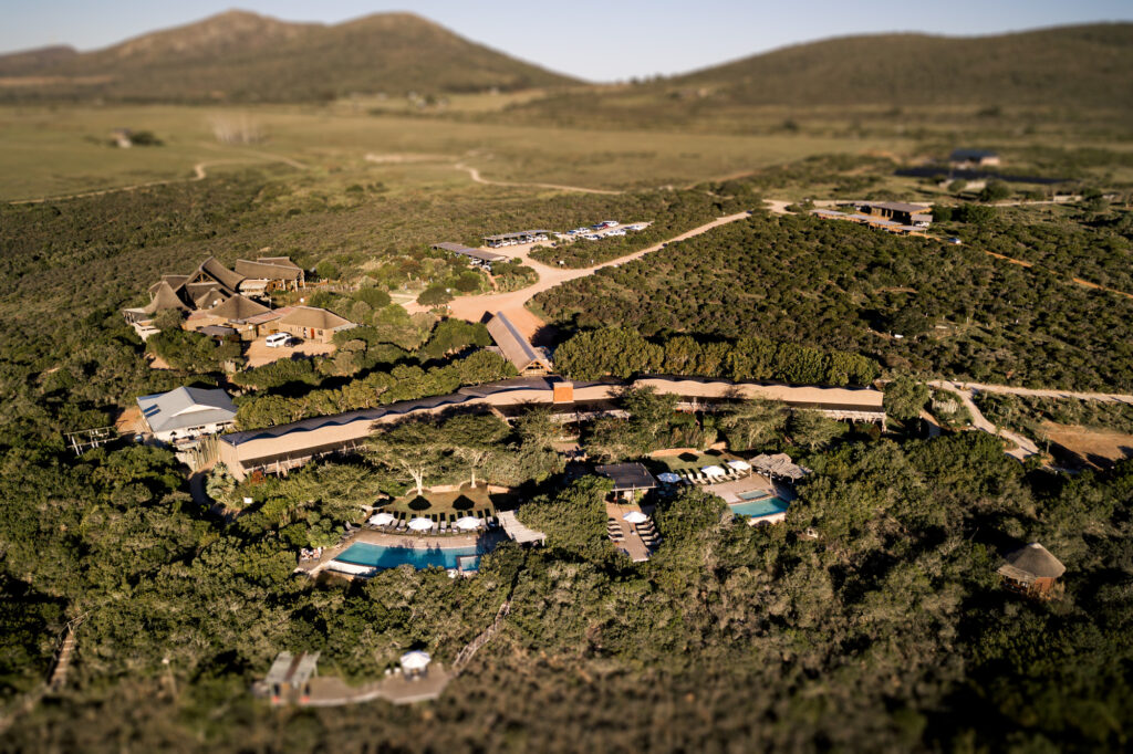 Drone view of the Garden Route Game Lodge complex.