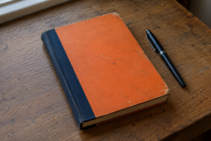 An old orange rain-record notebook and pen on a wooden desk